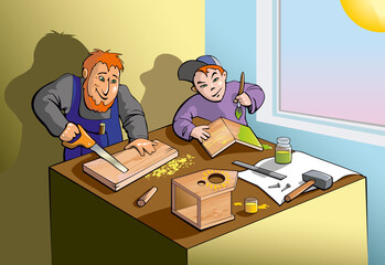 Father and son making a wooden birdhouse together, cartoon vector illustration