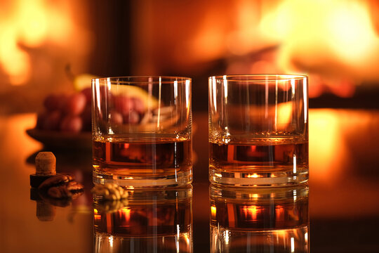 Two glasses with whiskey and serving on the fireplace background. Romantic dinner.
