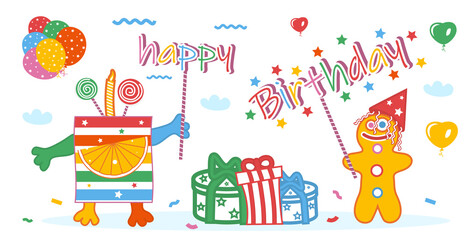 HAPPY BIRTHDAY. Greeting card with funny colorful jelly and funny cookies, gifts, heart-shaped balloons, stars, confetti, sky, clouds and happy birthday lettering on a white background. Vector illustr
