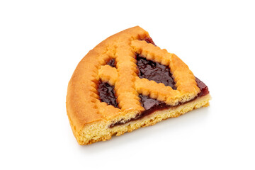 Slice of tart cherry jam, italian pie crostata sliced  isolated on white