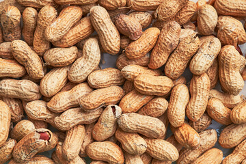 Fototapeta premium Healthy roasted unpeeled peanuts. Brown nuts texture