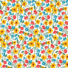 Spring floral pattern with small painted flowers. Free arrangement of small multi-colored flowers on a white field. Seamless pattern with flower meadow. Simple modern floral background design. Vector.
