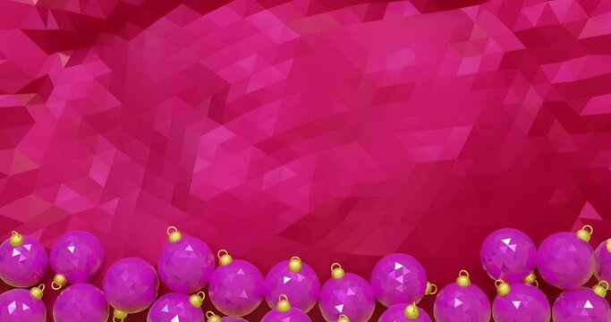 Pink and gold Christmas tree balls on red low poly tablecloth