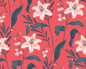 Floral pattern in retro style. Composition from lily flowers, various leaves. Vintage botanical background with white flowers, blue foliage on a red. Seamless pattern with hand drawn plants. Vector.