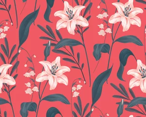 Behang Rood Bloemmotief in retro stijl. Samenstelling van leliebloemen, verschillende bladeren. Vintage botanische achtergrond met witte bloemen, blauw gebladerte op een rood. Naadloos patroon met handgetekende planten. Vector.