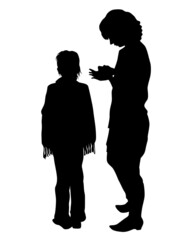 Mom with little child on street. Isolated silhouettes of people on white background