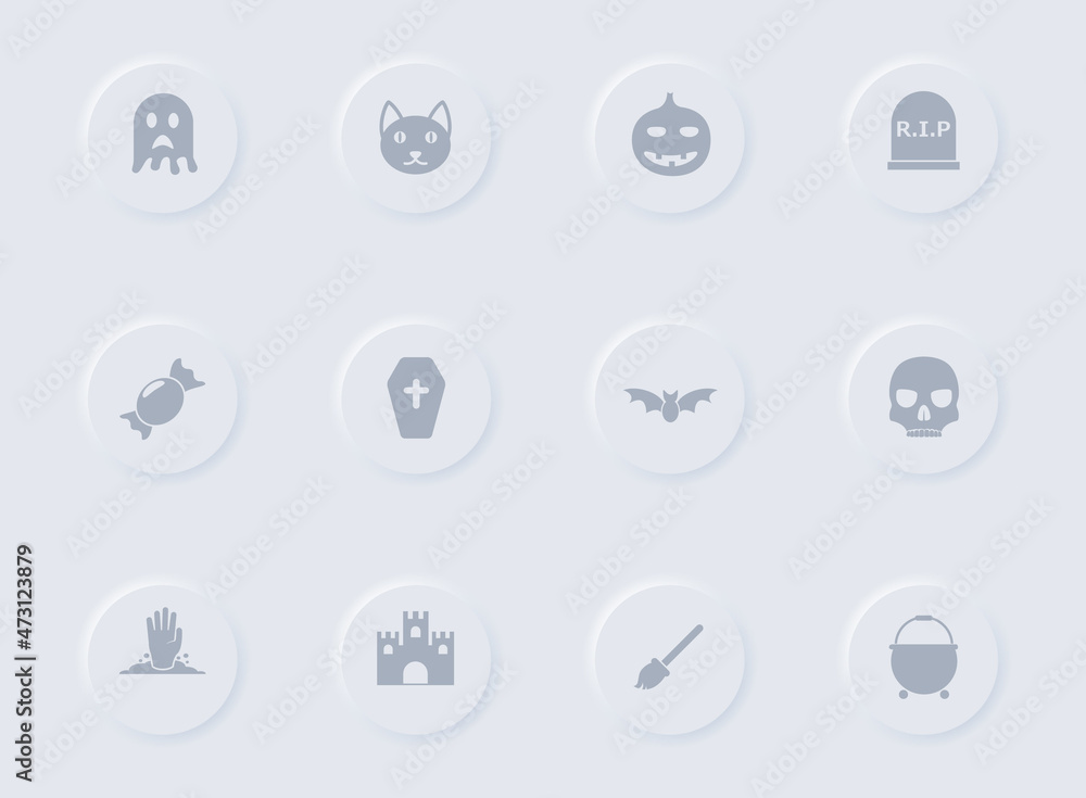 Poster helloween gray vector icons on round rubber buttons. helloween icon set for web, mobile apps, ui des