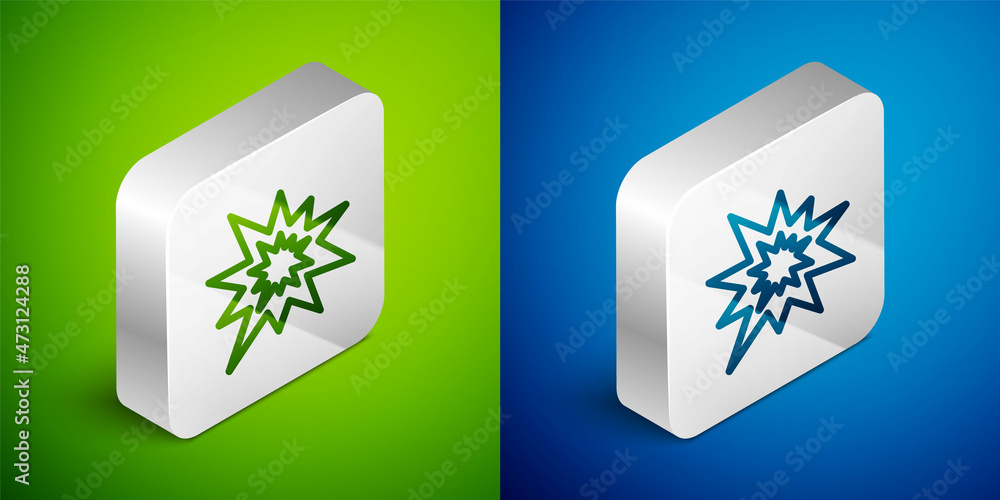 Aufkleber isometric line bomb explosion with shrapnel and fireball icon isolated on green and blue background.