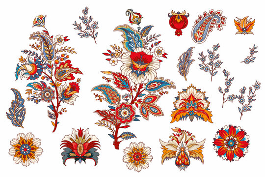 Set of decorative elements with branches, flowers and leaves