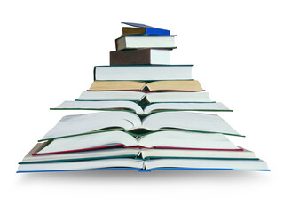 Stack of different open books, isolated on white