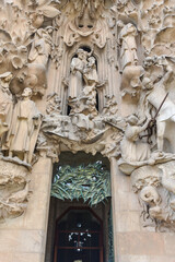 Barcelona, Spain - 22 Nov, 2021: Details from the East Door of the Sagrada Familia Cathedral,...