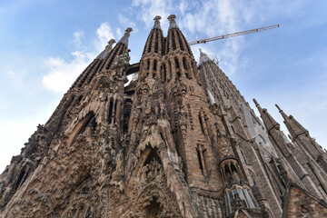Barcelona, Spain - 22 Nov, 2022: Towers of the Sagrada Familia temple, Gaudi, Barcelona, Catalonia,...