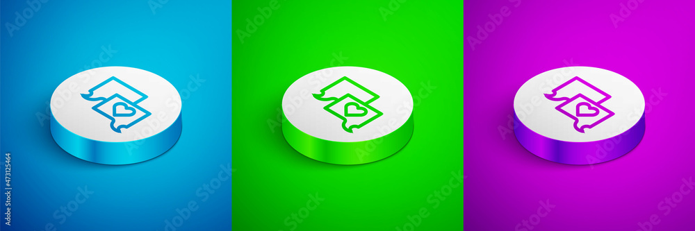 Poster isometric line speech bubble chat icon isolated on blue, green and purple background. message icon. 