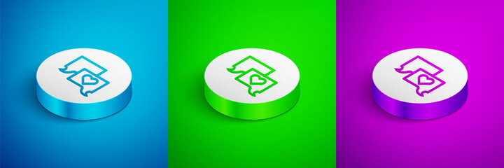 Isometric line Speech bubble chat icon isolated on blue, green and purple background. Message icon. Communication or comment chat symbol. White circle button. Vector