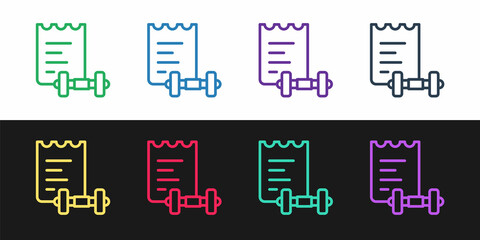 Naklejka premium Set line Sport training program or fitness plan icon isolated on black and white background. Vector