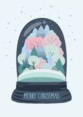 Snow globe with winter landscape in retro style. Trees, fir trees, bushes, snow, snowflakes and text in bright colours. Merry christmas cozy winter walk. Vector illustration.