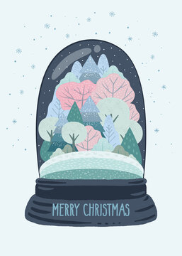 Snow globe with winter landscape in retro style. Trees, fir trees, bushes, snow, snowflakes and text in bright colours. Merry christmas cozy winter walk. Vector illustration.