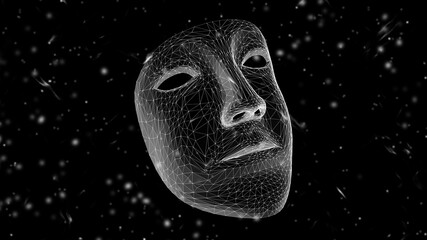 Three-dimensional mask isolated on black abstract background. 3D illustration.