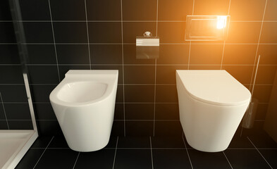 Bathroom interior bathtub. 3D rendering.. Sunset.