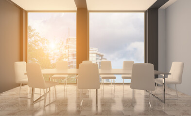 Modern office building interior. 3D rendering.. Sunset.