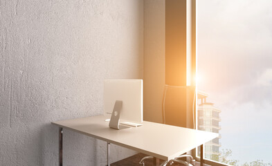 Open space office interior with like conference room. Mockup. 3D rendering.. Sunset.