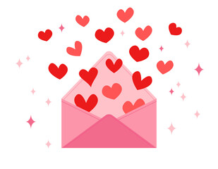 hearts fly out of empty envelope. Valentines Day flat vector illustration. Love symbols and envelope isolated