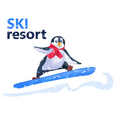 Fototapeta na wymiar cute penguin snowboarding ski resort concept full length