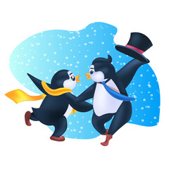 cute penguins celebrating new year christmas holidays antarctic birds having fun full length