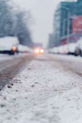 traffic in the city snowy road