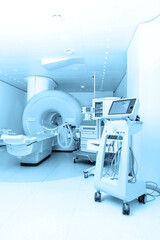 Medical CT or MRI Scan in the modern hospital laboratory. Interior of radiography department....