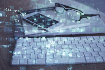 Double exposure of data theme drawing and mobile phone background. Concept of innovation