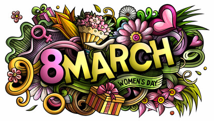8 March hand drawn cartoon doodles illustration. Funny holiday design.