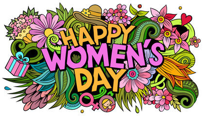 Happy Womans Day hand drawn cartoon doodles illustration. Funny holiday design.