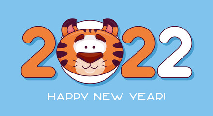 Fototapeta premium Happy New Year, tiger's face on the numbers 2022. Cartoon symbol of the Chinese New year. Cute tiger cub head.