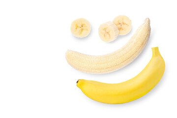 Banana fruit with slices isolated on white background. Top view. Flat lay.