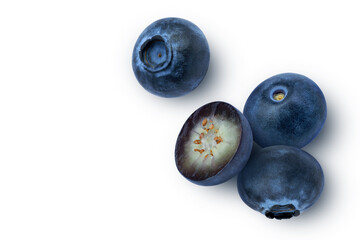 Fresh blueberries fruit on white background. Top view.