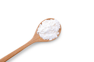 Calcium hydroxide powder (Deydrated lime) in wooden spoon isolated on white background. Top view....