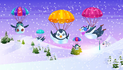 cute penguins flying on parachutes antarctic birds having fun snowfall landscape background