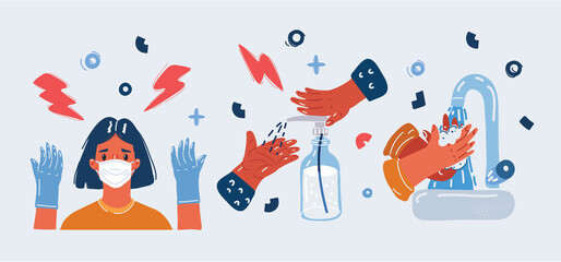 Obraz na płótnie Canvas Vector illustration of Phygiene promotion with wearing a face mask, sanitizing with alcohol and washing your hands