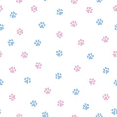 footprints seamless pattern. White background. cute blue and pink animal footprints. vector texture. print for textiles and wallpaper. 