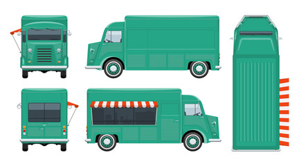 Food truck vector template with simple colors without gradients and effects. View from side, front, back, and top