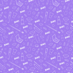 Cartoon seamless soft purple pattern in doodle style with cosmetic items -  lipstick, cream, eye shadow, brushes, mascara. Cosmetic template for wallpaper or background. Vector illustration EPS 10