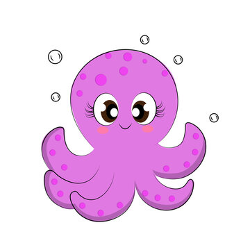 cute octopus character funny fiolet sea animal educational illustration for children print on textiles cartoon style can be used for packaging decoration. Vector illustration