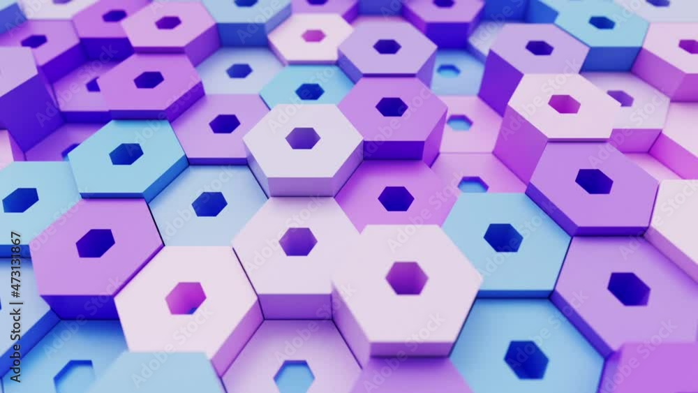 Poster geometric blue violet bright hexagonal background with hexagon shapes, seamless looping animated arc