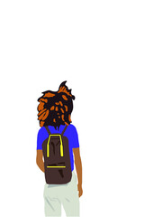 Afro-American boy on his back with a backpack back to school. Black boy on his back with a backpack.