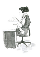 A girl with headphones in a housecoat is sitting at the table, filing her nails, a young woman listens to a podcast doing a manicure for herself. Hand-drawn illustration.