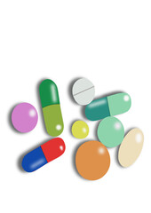 colored pills and tablets on a table, group of colored medicines, pills of different formats with white backgrounds