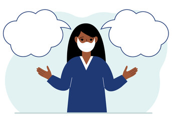 A woman with a medical mask is trying to make the right decision. Left and right are empty bubbles. Comparison of the two solutions.