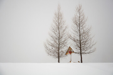 Krzyż - kapliczka w drodze na Matyskę zimą we mgle