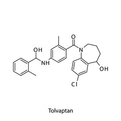 Tolvaptan molecular structure, flat skeletal chemical formula. Vasopressin antagonist drug used to treat Hyponatremia, SIADH. Vector illustration.